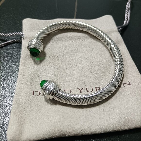 David Yurman Silver Cable Bracelet with Green Gemstones - Picture 2 of 5